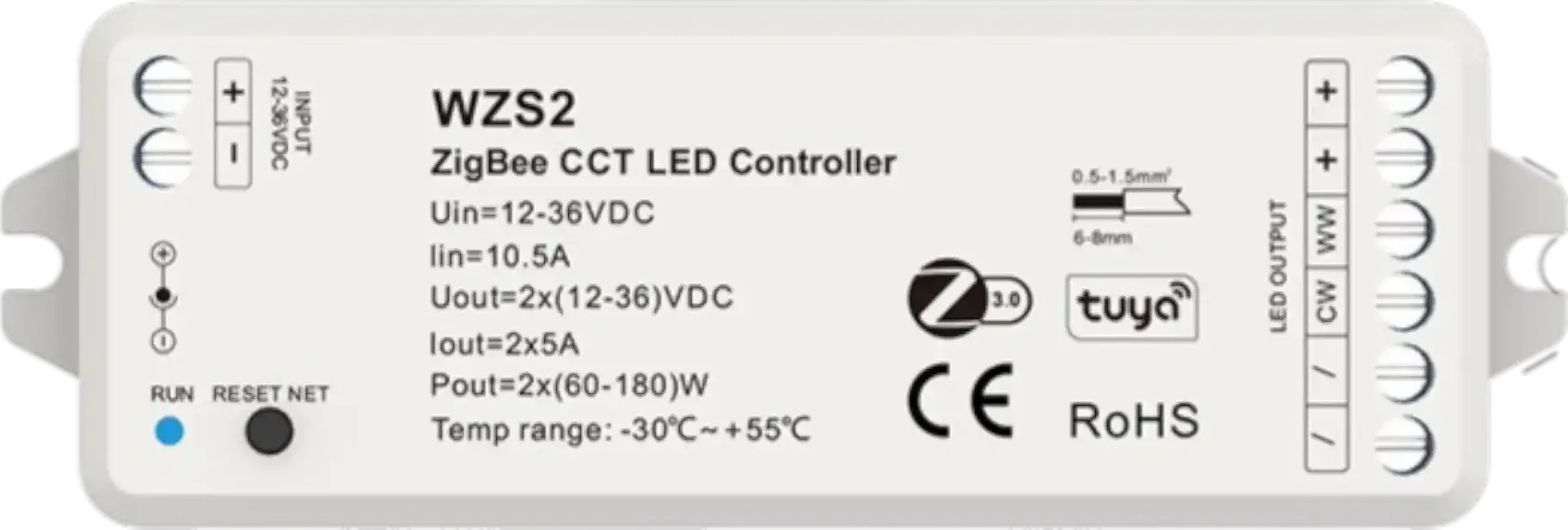 Akubela CTT LED Controller WZS2, ZigBee 3.0, low-voltage, brightness adjustment, flicker-free
dimming, IP20 Rating.